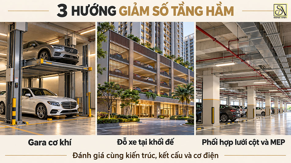 ba hướng giảm số tầng hầm bằng gara cơ khí, đỗ xe tại khối đế và phối hợp lưới cột với MEP.